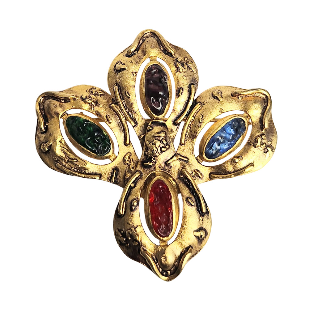 1950s MCM Brutalist Pate de Verre Gold Fleur De Lis Statement Pin Brooch